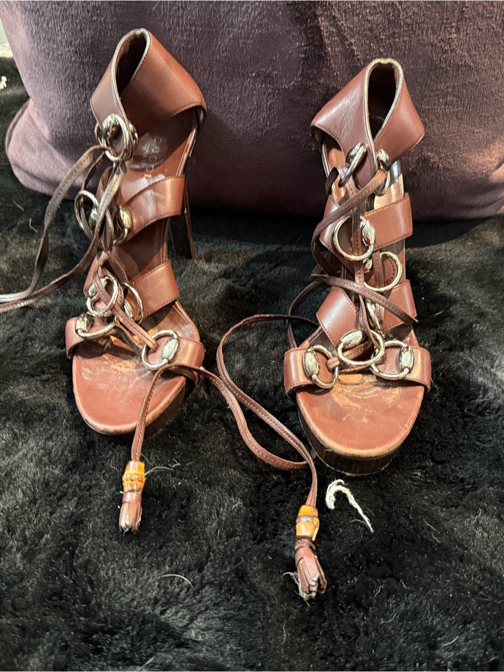 Gucci Brown Leather Lace-Up High Heel Sandals with Ring Accents